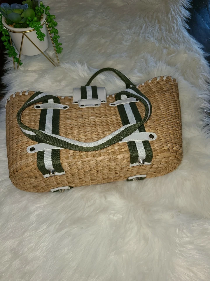 Donna Dixon Jennifer Woven Grass w Green Web Strap Beach Tote Bag Purse ~NEW~ - Image 3 of 4