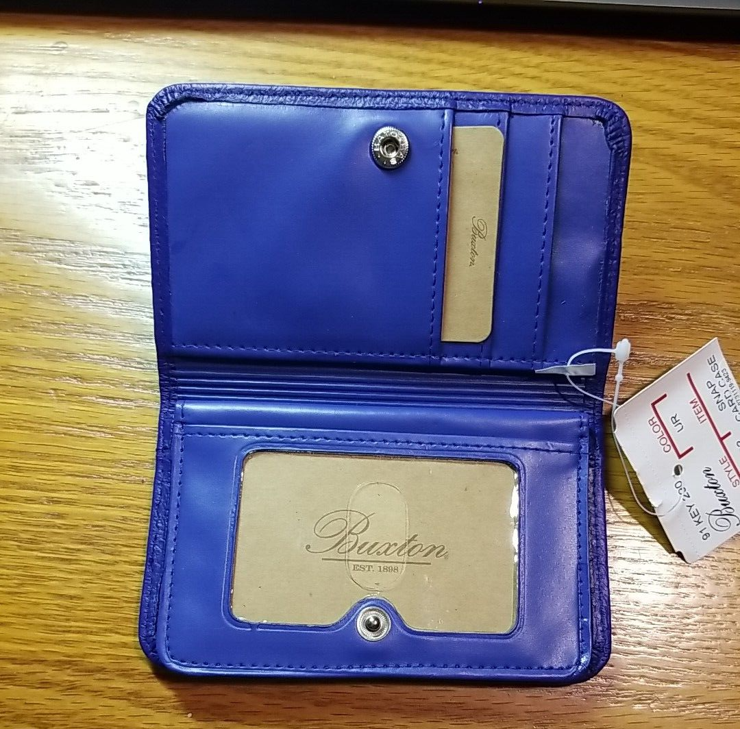 BUXTON LEATHER CARD CASE WALLET BLUE PEBBLE TEXTURE GENUINE LEATHER NEW