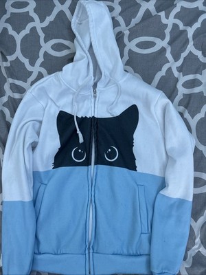 Women s Black Cat Head Hoodie XS Zip-Up Cute Graphic Sweatshirt