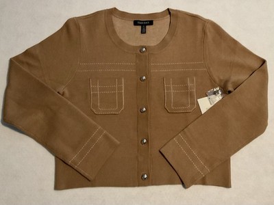 Ellen Tracy Cropped Knit Jacket Blazer Cardigan Camel Gold Buttons Womens Large