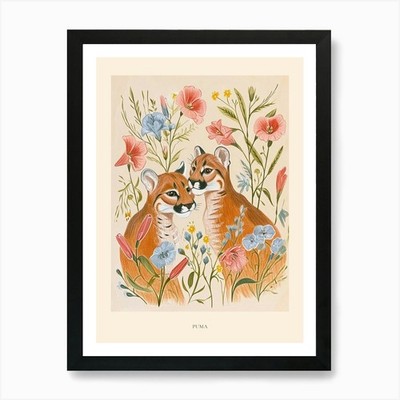Folksy Floral Tier Zeichnung Puma P gerahmtes Wandbild Poster Leinwanddruck Bild