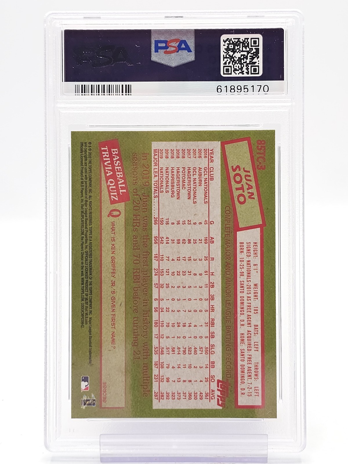 JUAN SOTO 2020 TOPPS CHROME 1985 TOPPS #85TC3 NATIONALS PSA 9 Q7360 view 2