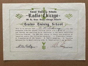 Vintage NAVY TRAINING SCHOOLS Radio Chicago Teacher Certificate Pickering Eady