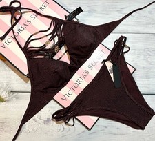 Victoria's Secret Swim Hardware Halter Bikini Top Brazilian Set Burgundy Dots