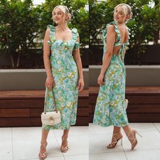 Zimmerman High Tide Floral Ruffle Back Cutout Green Blue Midi Dress Size 10