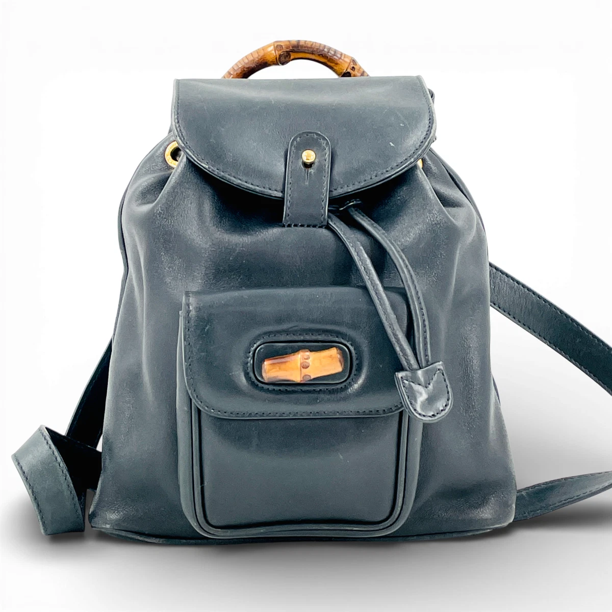 GUCCI Black‎ Leather Suede Bamboo Mini Backpack Adjustable Strap Handbag Purse Pre-loved Gucci Bamboo Mini Backpack In Black Suede And  main image 3