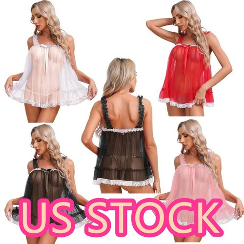 Women' Lace Lingerie Babydolls See-Through Mesh Tops Nightwear Sexy Chemise
