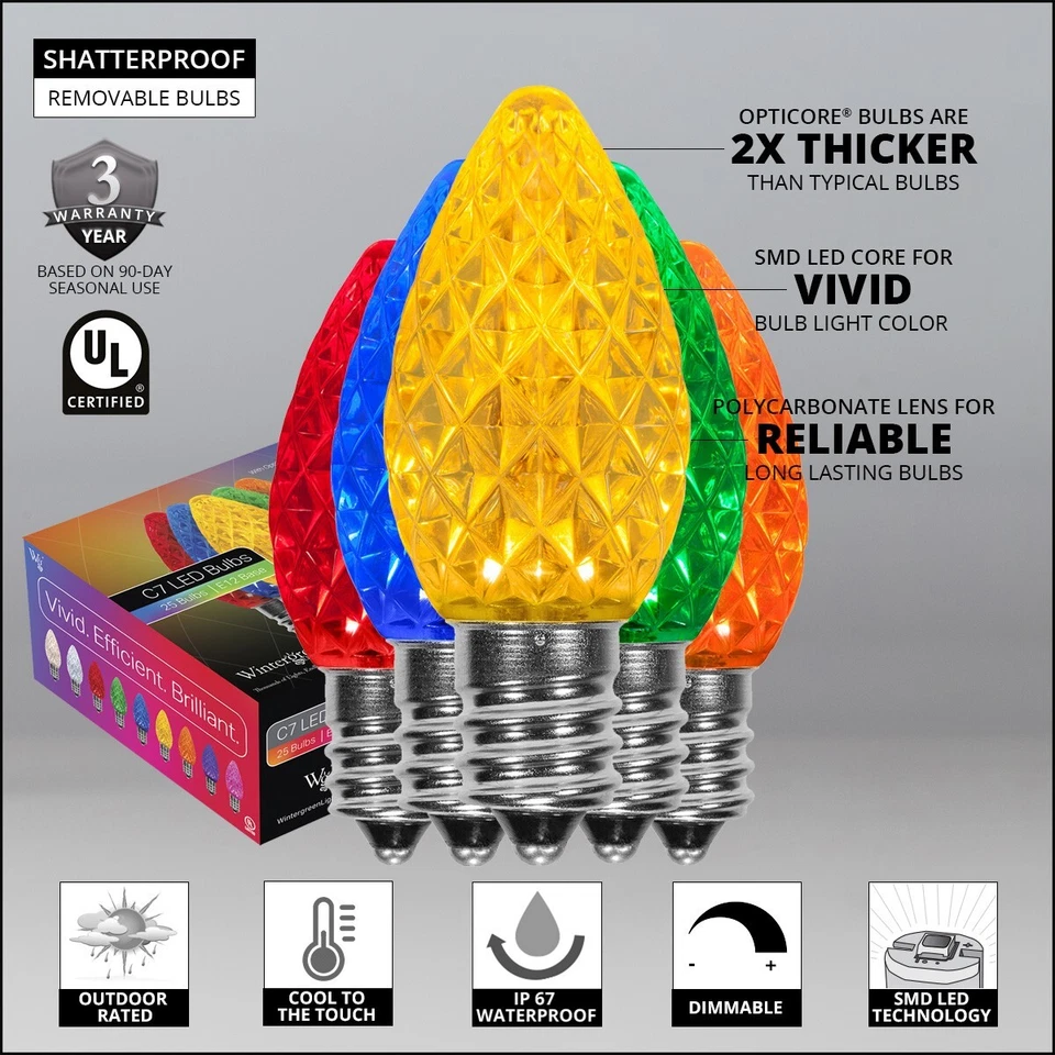 50 C7 OptiCore Shatterproof LED Christmas Lights Faceted Finish, Green Wire 50ft - Image 2 of 4