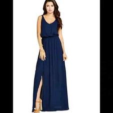 Show Me Your Mumu Kendall Maxi Dress V Neck Slit Blouson Rich Navy Blue XS