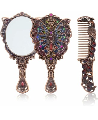 Vintage Foldable Mirror Comb Set Metal Handheld Copper Make Up Round Mirror Comb