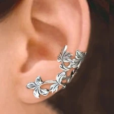Floral Hollowed our Flower & Leaf Ear Cuff - Silver - No Piercing, Clip On