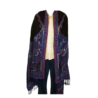 Shawl | Embroidery | Yak + Sheep Wool Blend | Stitched| Handmade | Blue & Plum