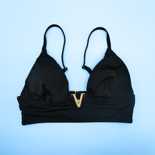 Victorias Secret Large Black Metal Logo Padded Triangle Bikini Top Swimsuit New
