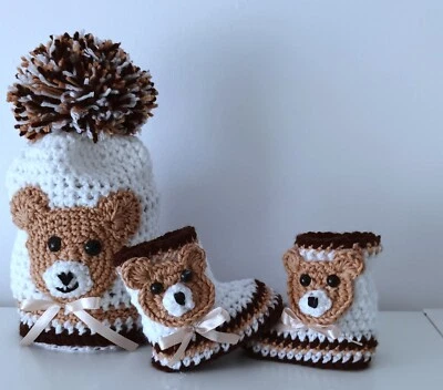 HANDMADE BABY CROCHET HAT AND SHOES WITH BEAR BOOTIES BOOTS SOFT WARM