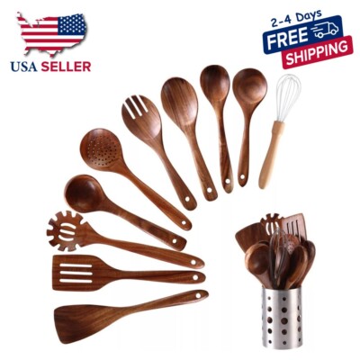11 Piece Wooden Kitchen Utensils Set - Stylish Spoons and Spatula for Cooking