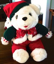 CHRISTMAS Teddy Bear 12" White Snowflake Boy Red & Green w Red Bow Tie