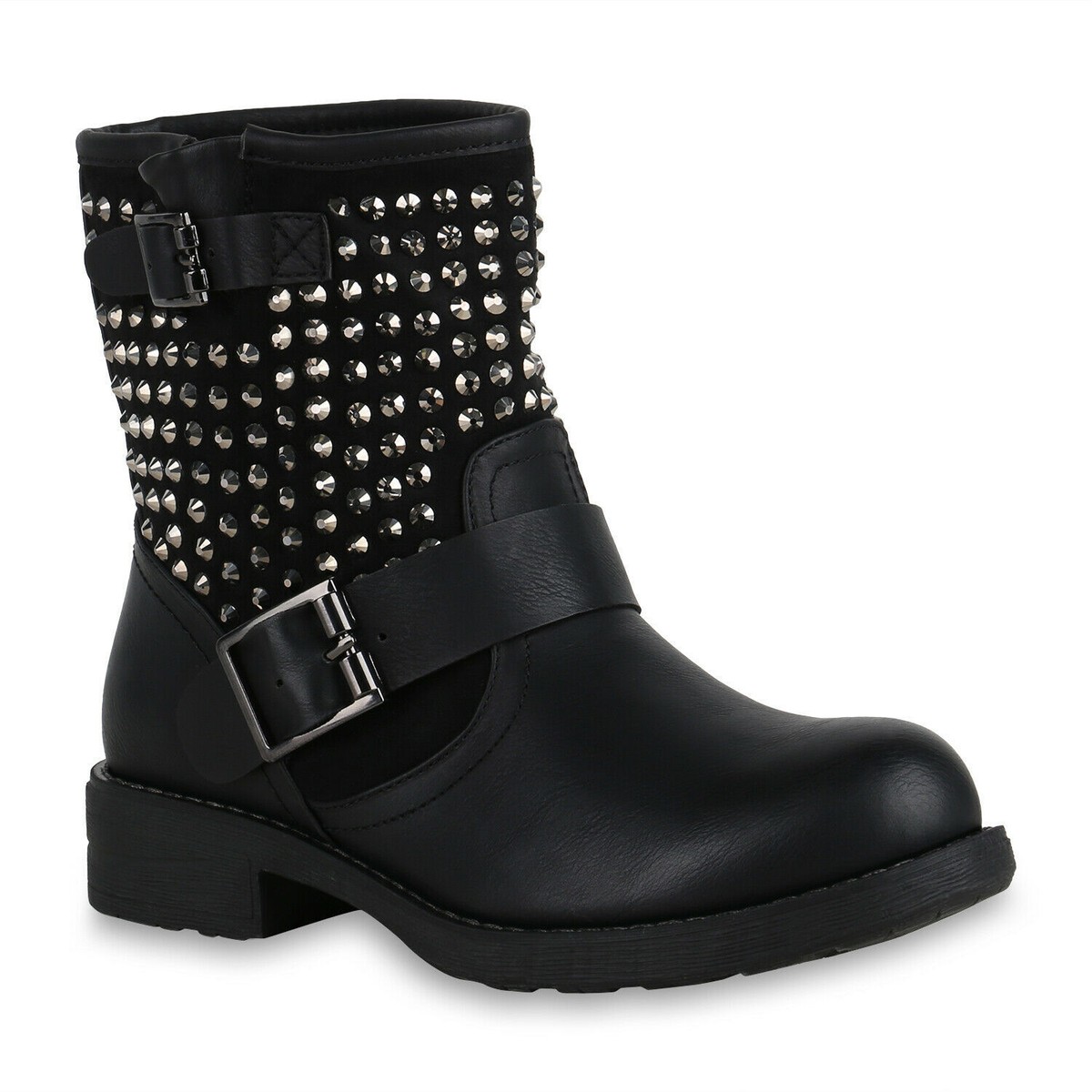 Ankle Boots Stiefeletten Schwarz Strass Biker Boots Schwarze