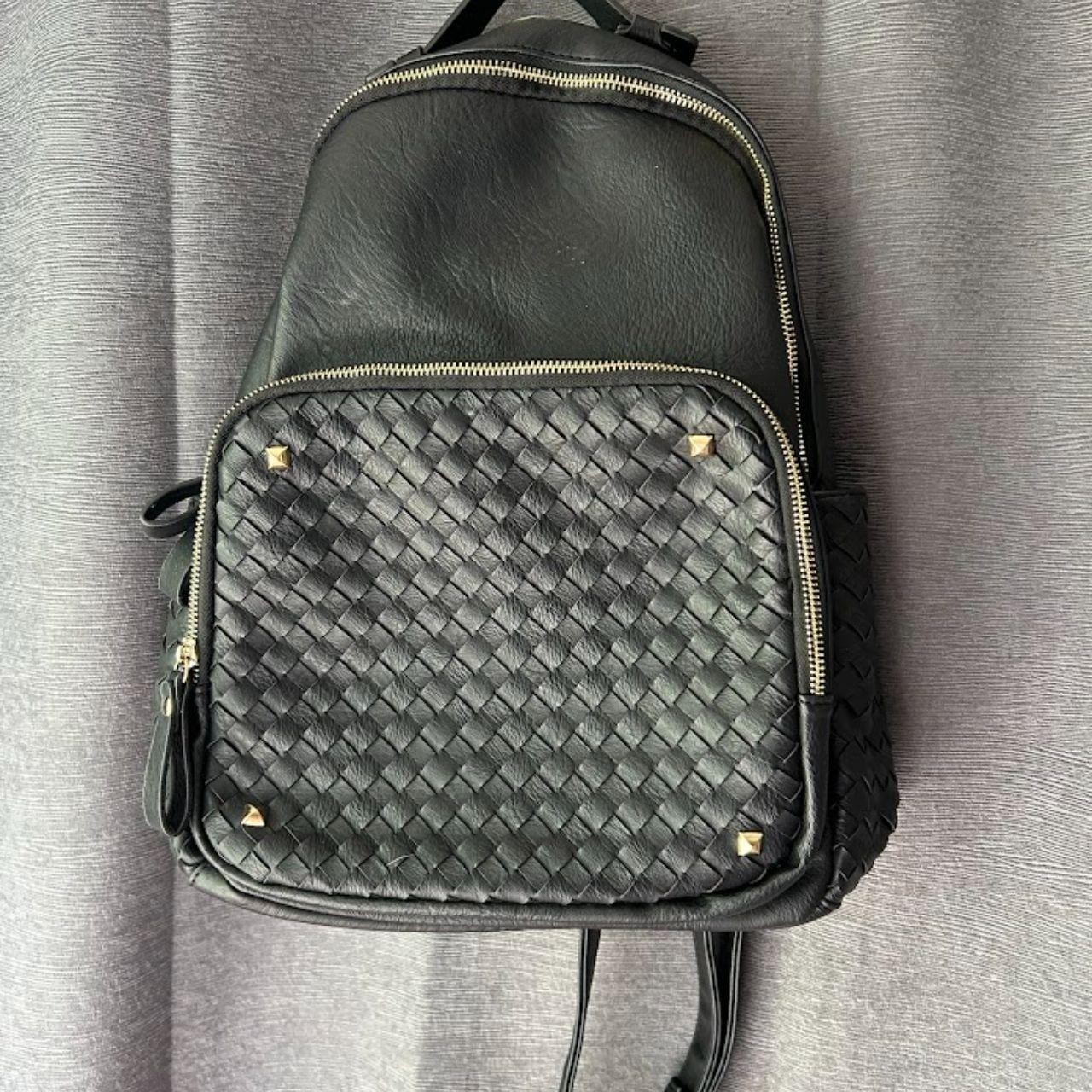 Madison West Black Vegan Leather Backpack W/ Basket Weave Braid - Brass Zippers