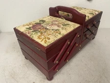 Vintage French Mid Century Modern Accordion Burl Wood Sewing Box Full