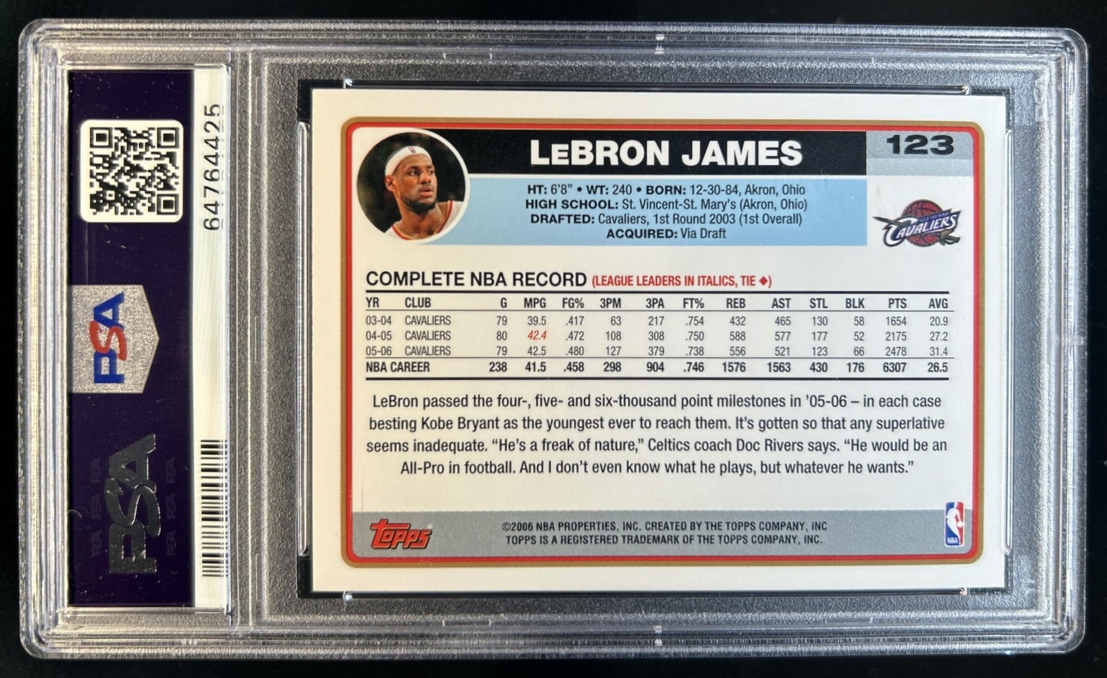 2006-07 Topps LeBron James #123 Cavaliers PSA 10 GEM MINT view 2