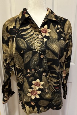 Coldwater Creek Black Gold Rust Tropical Long Sleeve Floral Shirt Blazer M