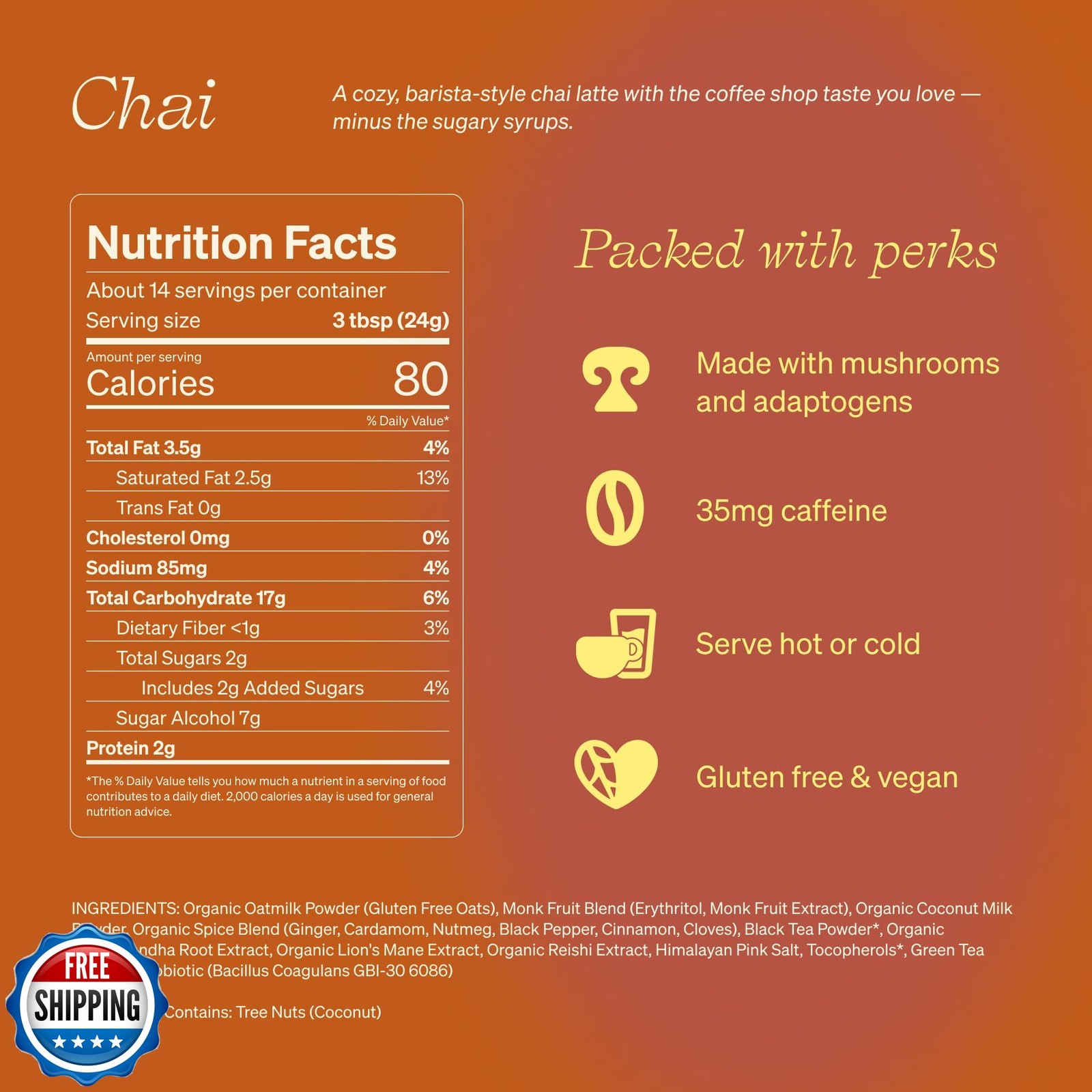 Clevr Blends Chai Tea Latte, Instant Superfood Powder Blend with Oat Milk, Li