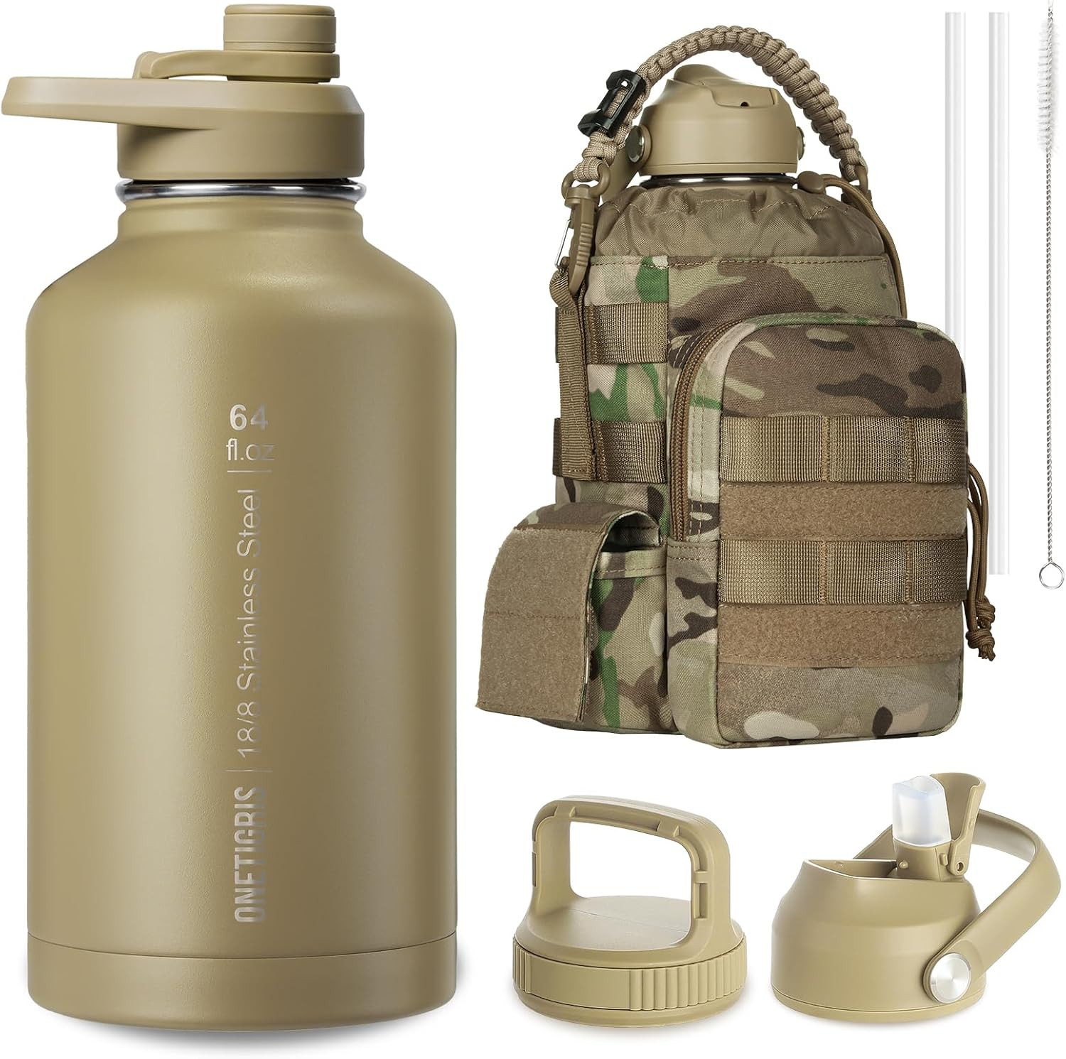 Tactical Half Gallon Water Bottle with Straw - 64 Oz Vacuum 