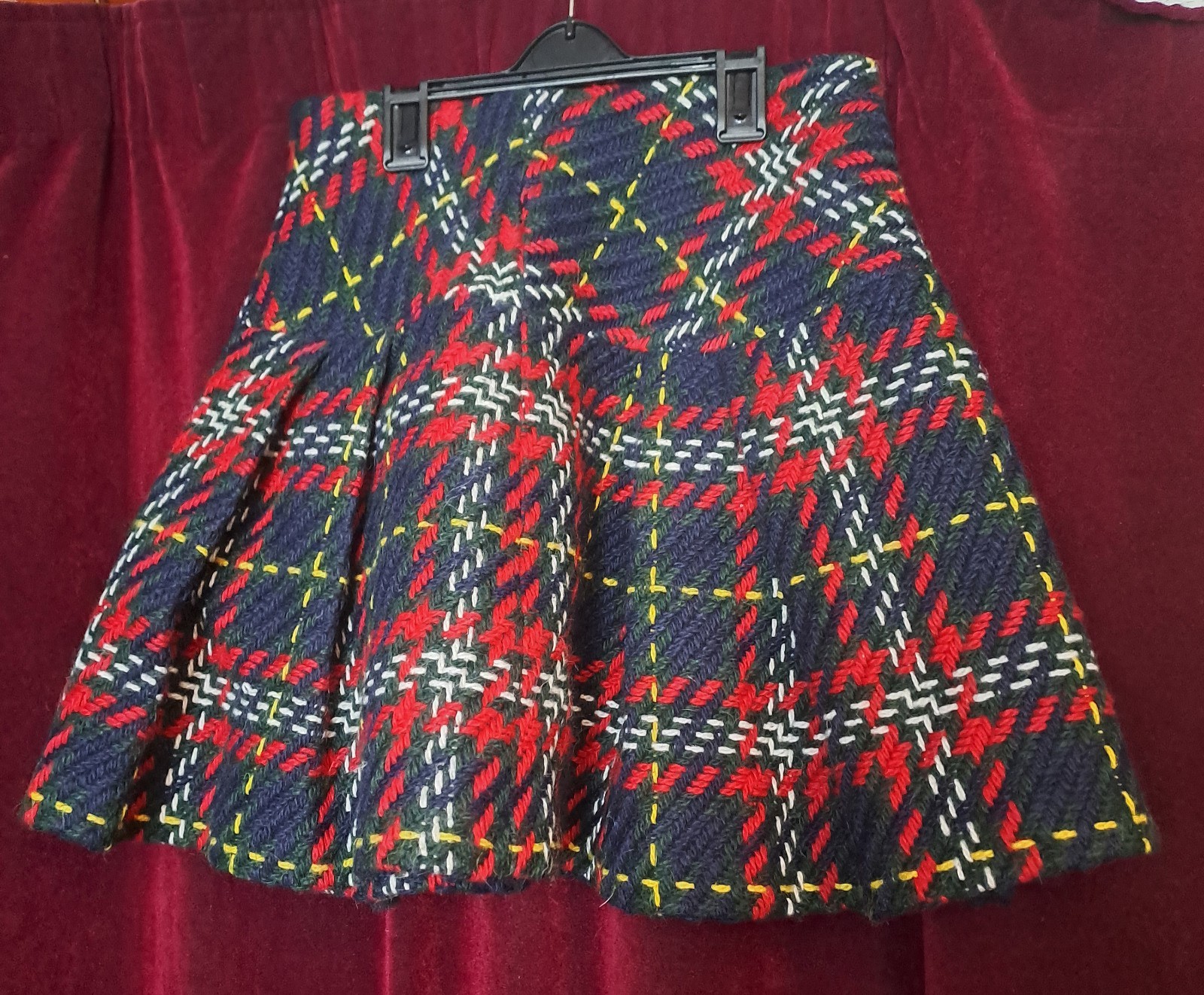 Wool Tweed Pleated Mini Skirt Navy Red Italian Size 40