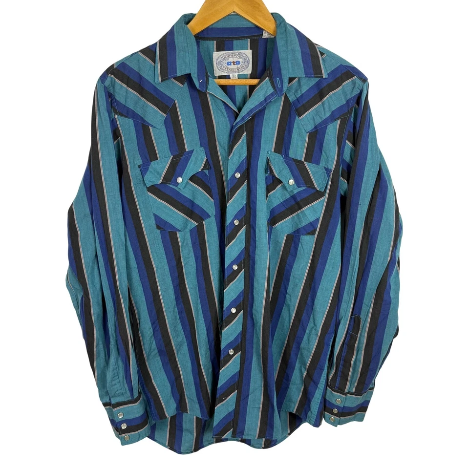 Vintage 80s Pearl Snap Western Button Down Shirt Cowboy X-Long Blue Stripe 15.5 - Image 4 of 4