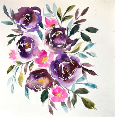 Michelle Kral Original Aquarell Lila Rosa Blumen Botanisches Gemälde 40 cm