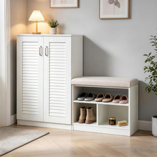 Schuhschrank mit Sitzbank Wei&szlig; 120cm L-Form 9 Ablagen f&uuml;r 24 Paar Schuhe Flur