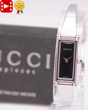 🎦New Batt! [MINT w/Paper] GUCCI 1500L Black Dial Silver Qz Women's Watch JAPAN