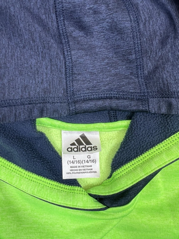Moletom Adidas Youth grande verde azul pulôver com capuz logotipo masculino roupa ativa - Imagem 4 de 4