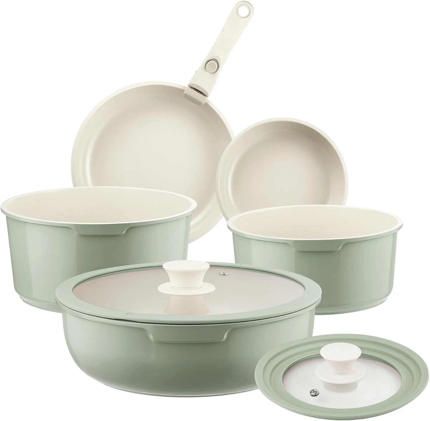 Ceramic Pots and Pans Set Non Stick Green, 8 Pcs Nonstick Cookware Set with Deta