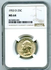 1953 D 25C SILVER WASHINGTON QUARTER DOLLAR NGC MS63