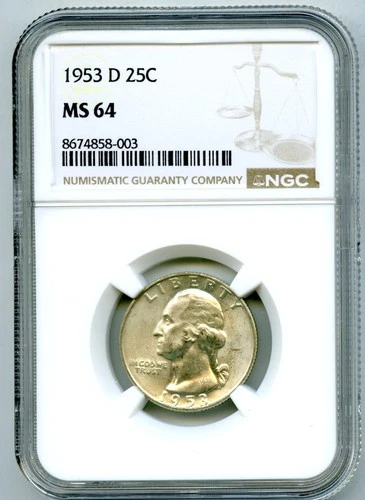 1953 D 25C SILVER WASHINGTON QUARTER DOLLAR NGC MS63