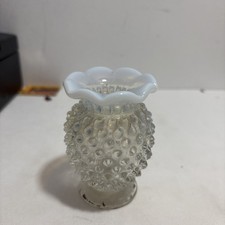 Vintage White Opalescent Hobnail Fenton Mini Ruffled Edge Vase 3.5"Tall