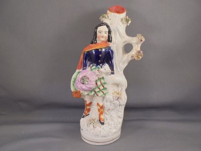 Antique 19th C Staffordshire Pottery Scottish Boy or Girl w Dog Spill Vase 7 3/8