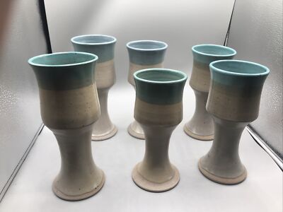 6 Stoneware Goblets Aqua Blue And Tan