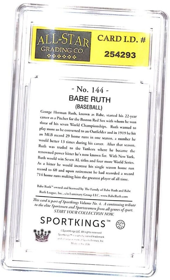 2023 Sport Kings Vol 4 #144 Babe Ruth SP Photo Var. - Blue Border ASG 10 MINT#Y - Image 2 of 2