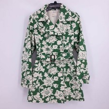 Merona Coat Trench Retro 60's Color Blocked Floral Belted Waist Green White S