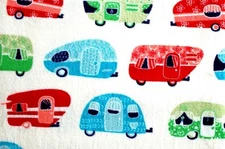 BTY*NEW*  RED/GREEN/BLUE CAMPER TRAILERS ON CREAM  FLEECE FABRIC 1 YD 60X36"
