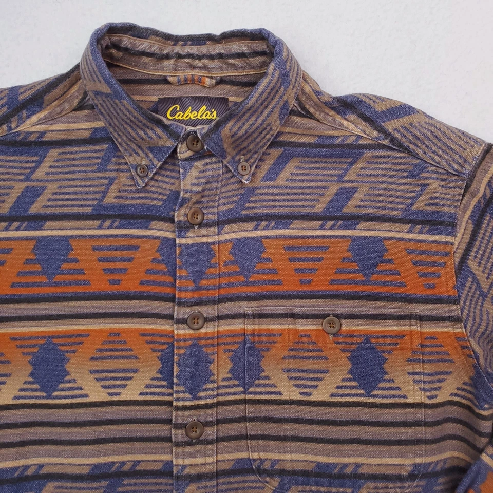 Cabelas Shirt Mens Medium Blue Orange Flannel Navajo Aztec Southwestern Cowboy - Image 2 of 4