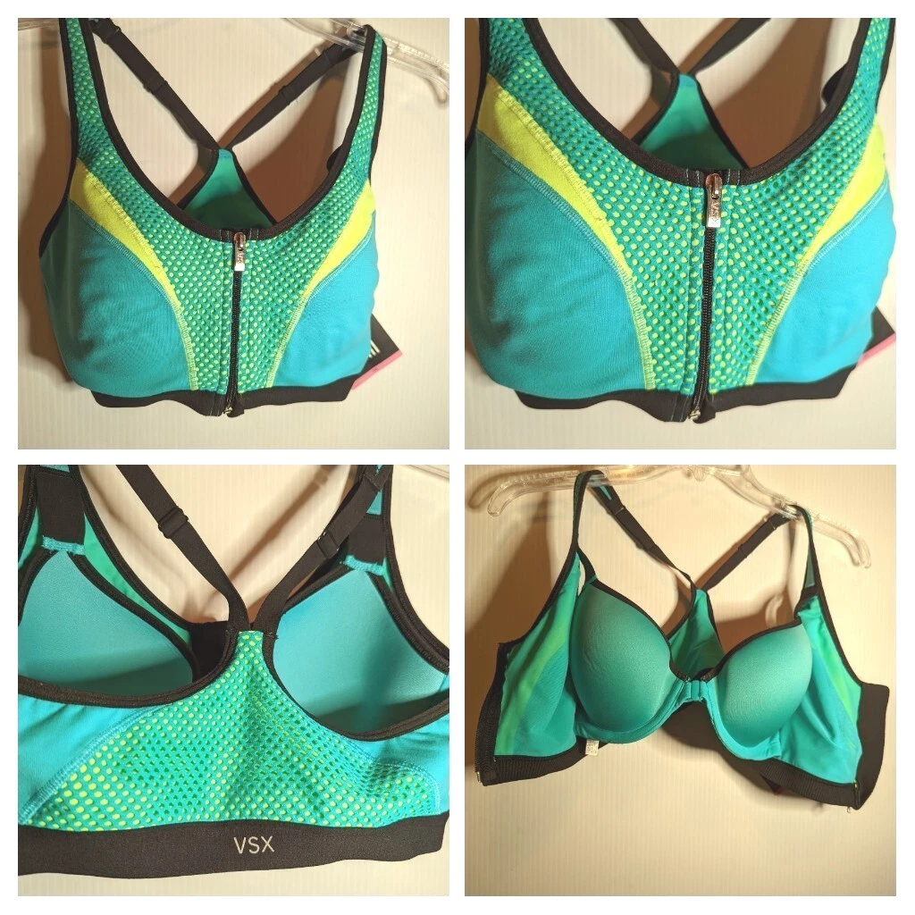 New Victorias Secret 34C Knockout Incredible Blue Neon Zip Sports Bra Max  VSX