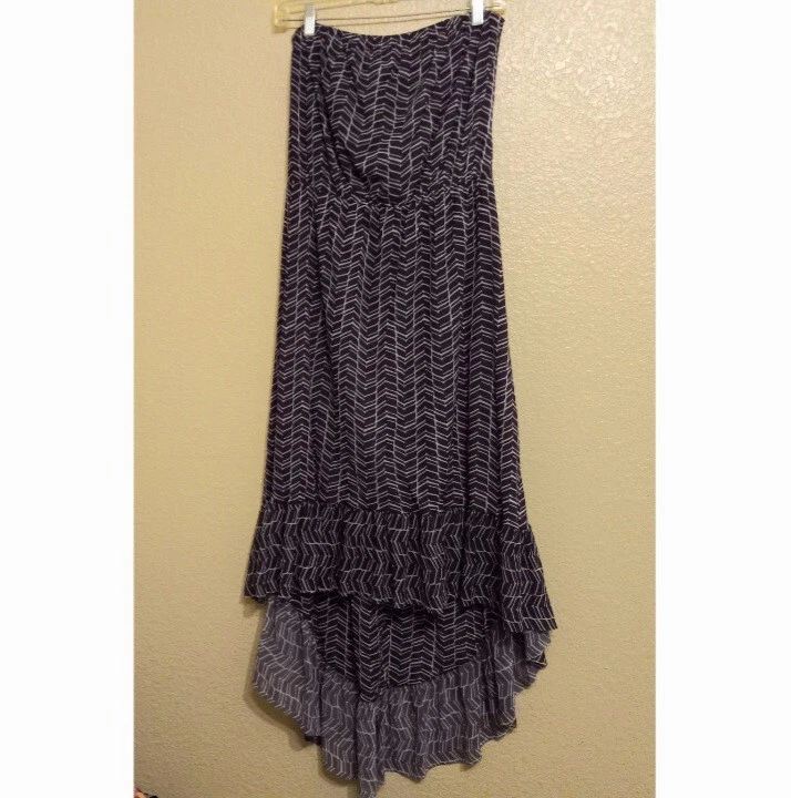 Sweet Pea Stacy Frati M Navy Geometric Mesh Strapless Hi Low Dress