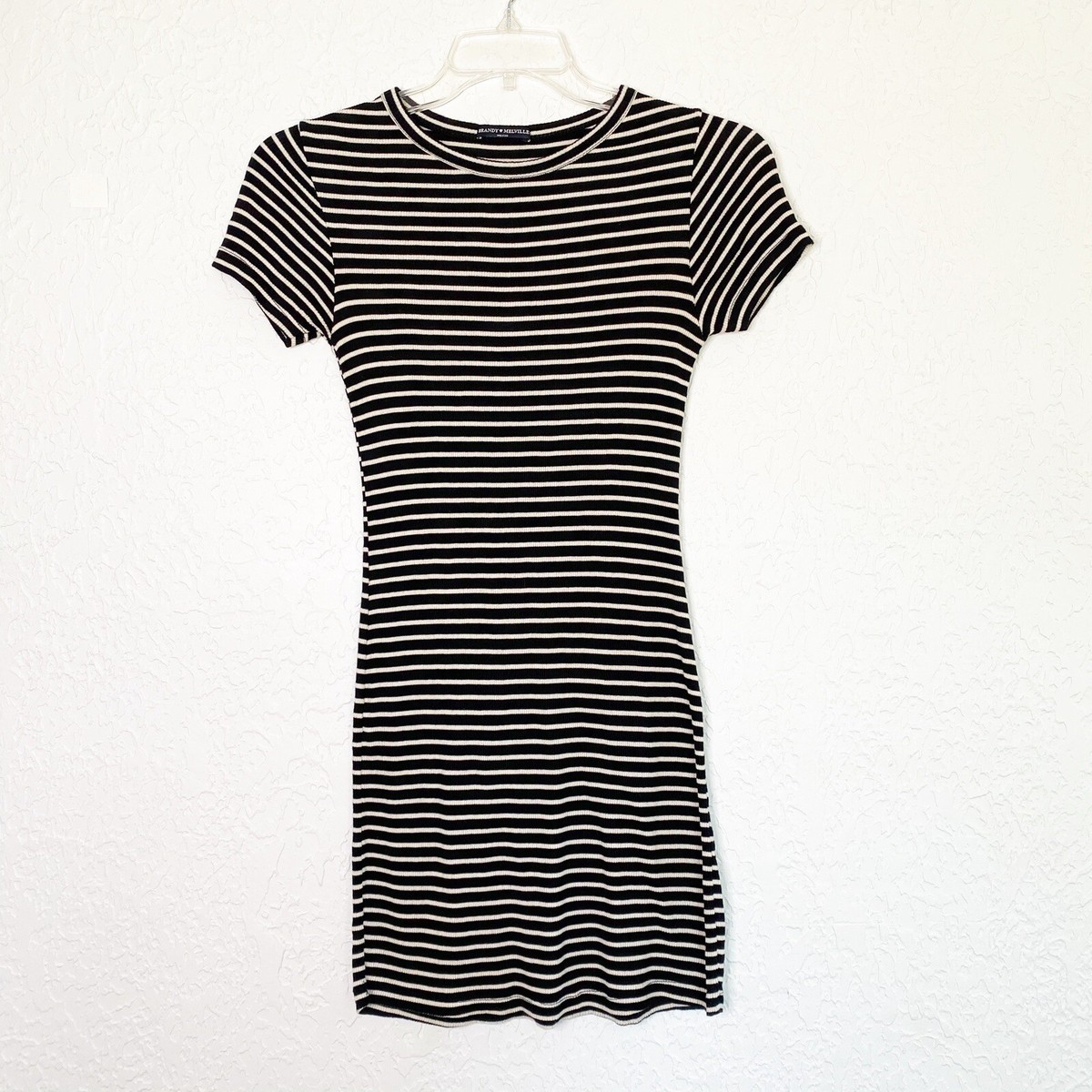 brandy melville knit dress Brandy Melville Black and White Striped Rib Knit Dress Bodycon OS short  Sleeve