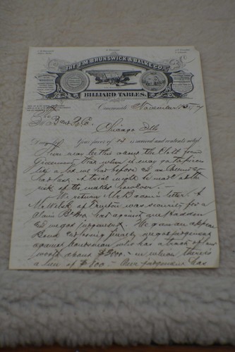  Pool/Billiard/Table/Brunswick J M Brunswick Letterhead 1877 Rare!!!    