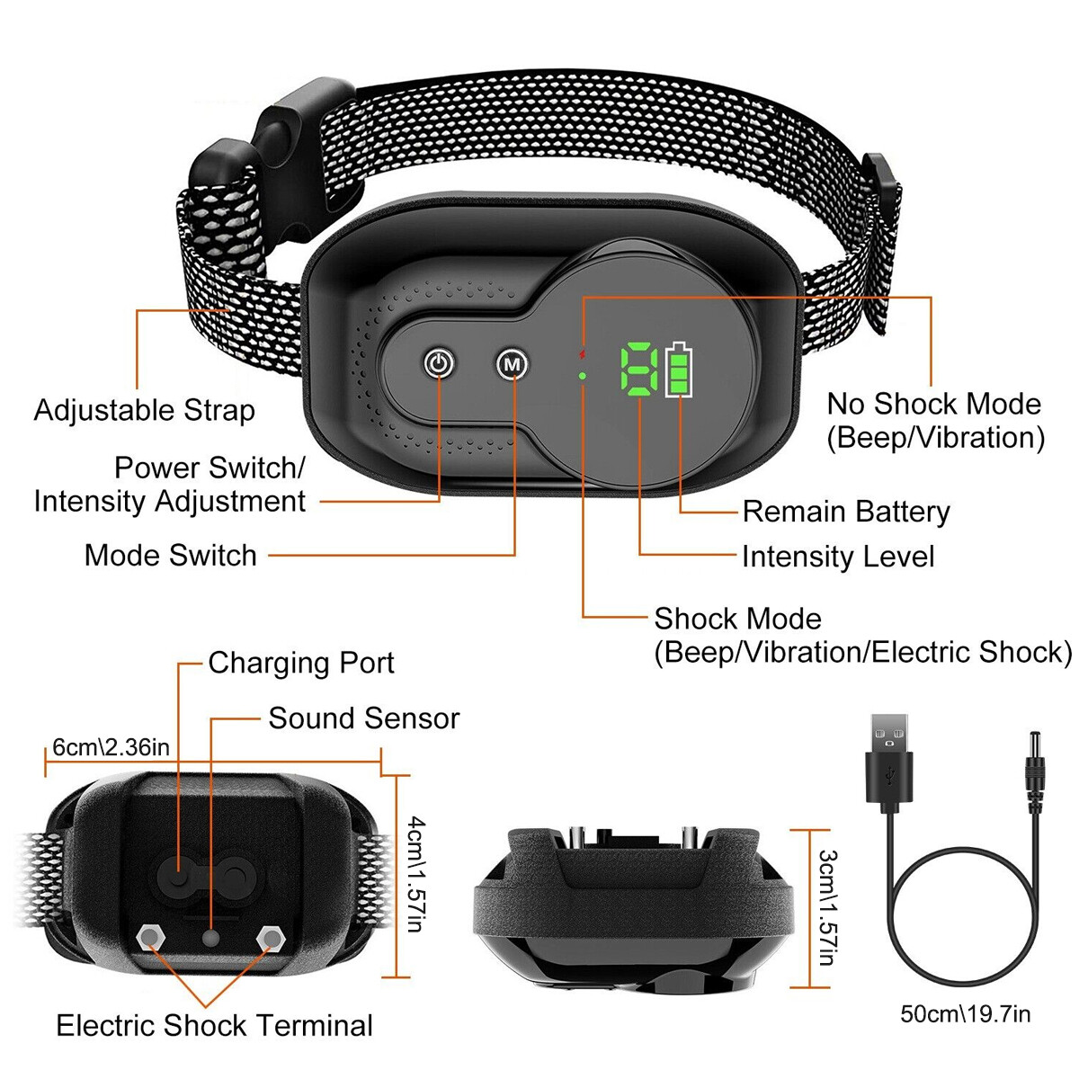 Rechargeable Dog Bark Collar with Beep Vibration and Shock,Anti Barking