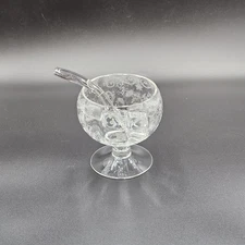 Vintage Czech Etched Glass Footed Mayo Bowl w/ Ladle – Floral Scroll