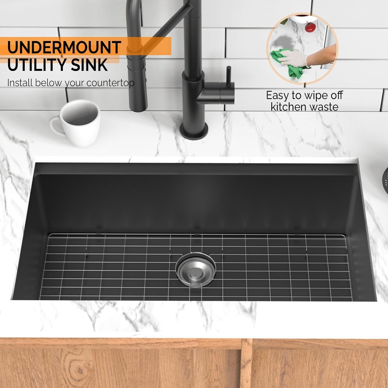 33 Inch Kitchen Sink, Single Bowl Undermount, Built-in Drying Rack & Board
